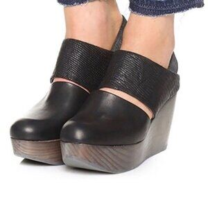 Size 8 (38) - COCLICO Womens Harlem Black Leather Platform Wedge Clogs